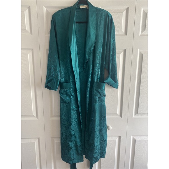 Vintage Victorias Secret Robe Small Satin Damask Emerald Green Elegant Old Money